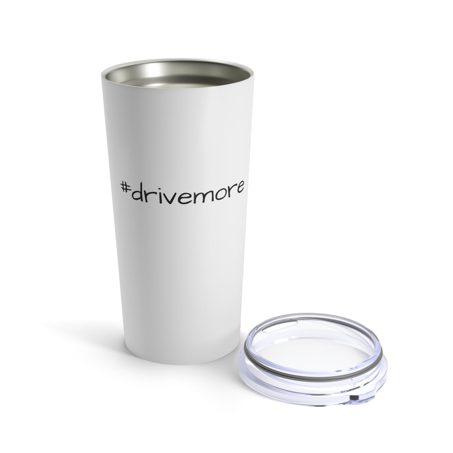 #drivemore 20oz white tumbler with lid off